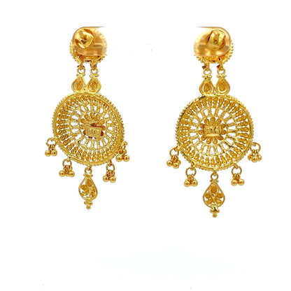 22ct Gold Filigree Disc Drop Earrings with Beaded Drops - FJewellery
