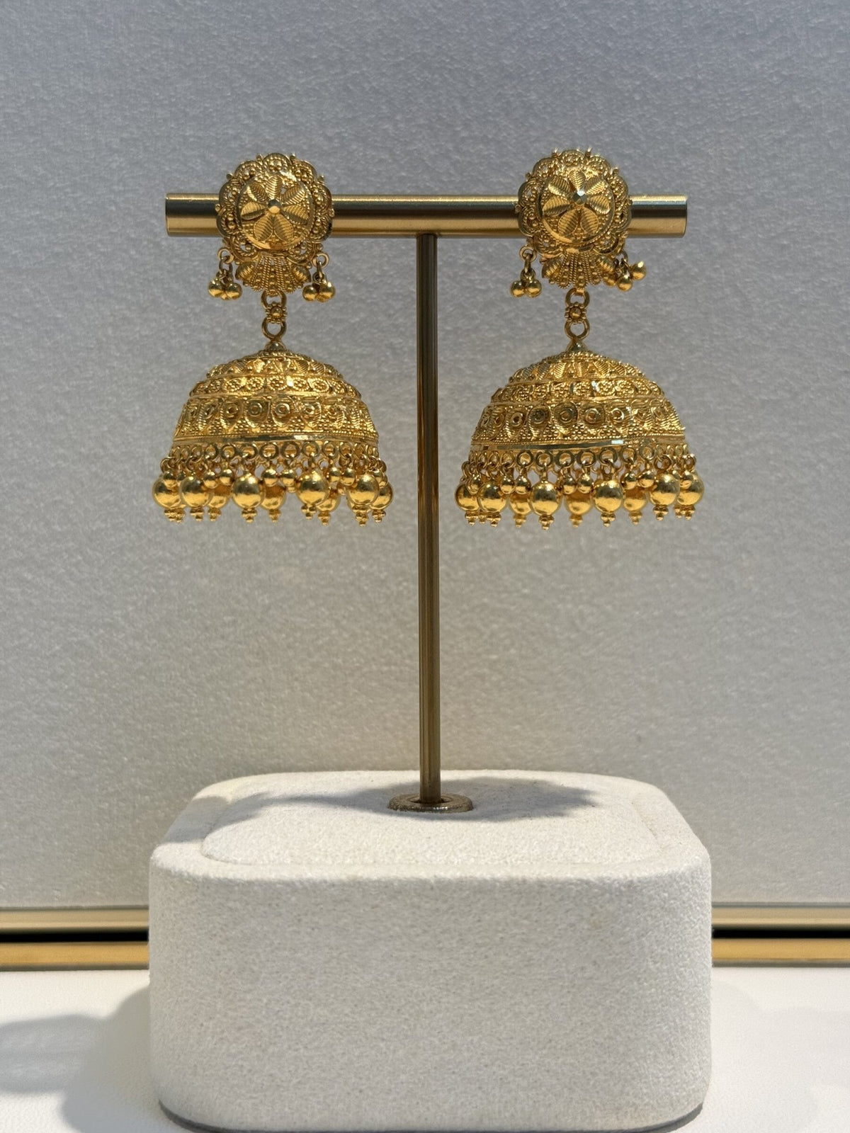 22ct Gold Filigree Dome Jhumka Earrings with Bell Drops - FJewellery