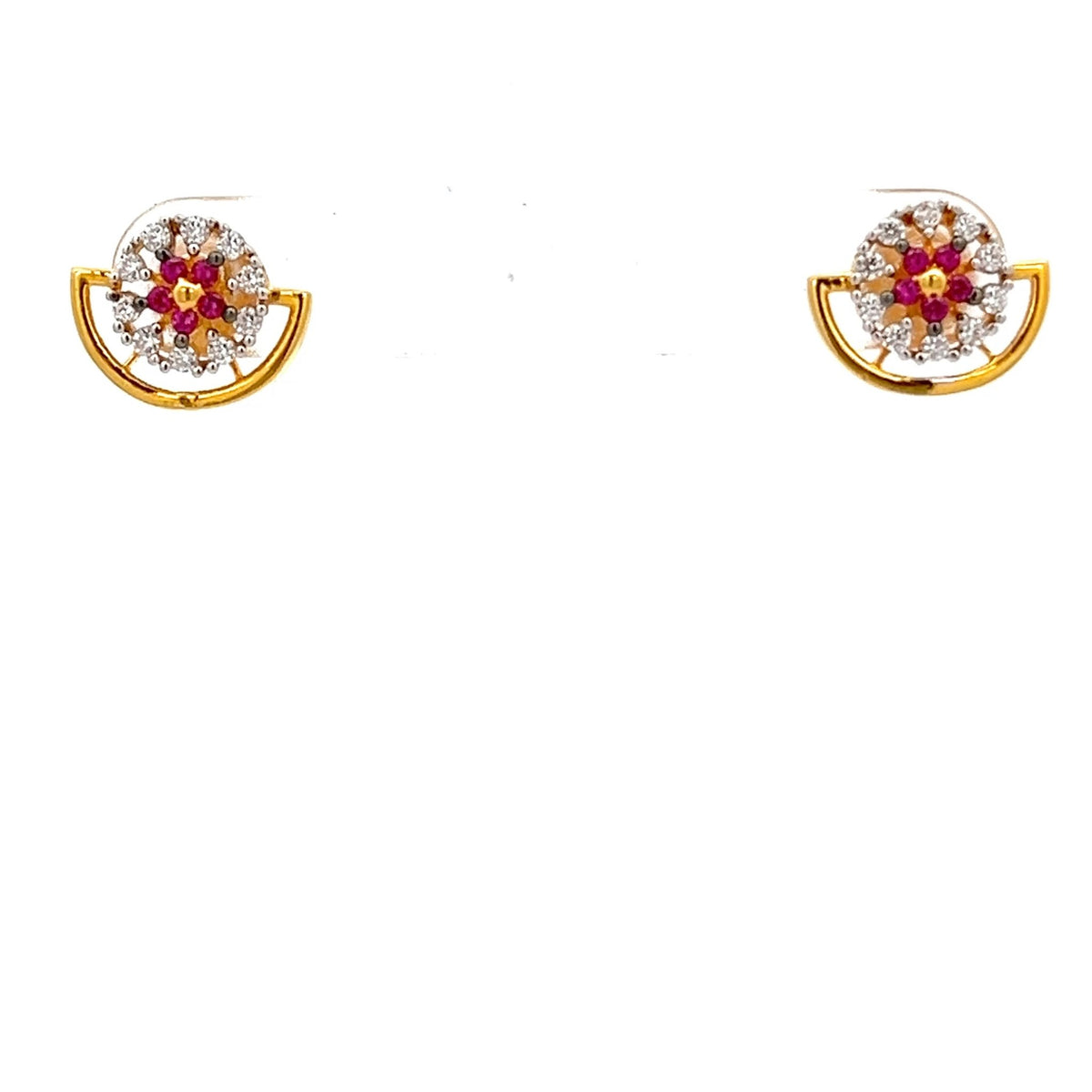 22ct Gold Floral Cluster Stud Earrings with Clear and Red Stones - FJewellery