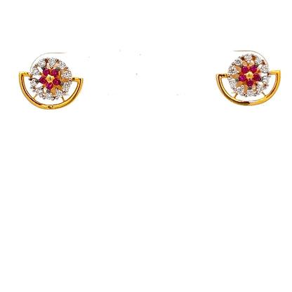22ct Gold Floral Cluster Stud Earrings with Clear and Red Stones - FJewellery