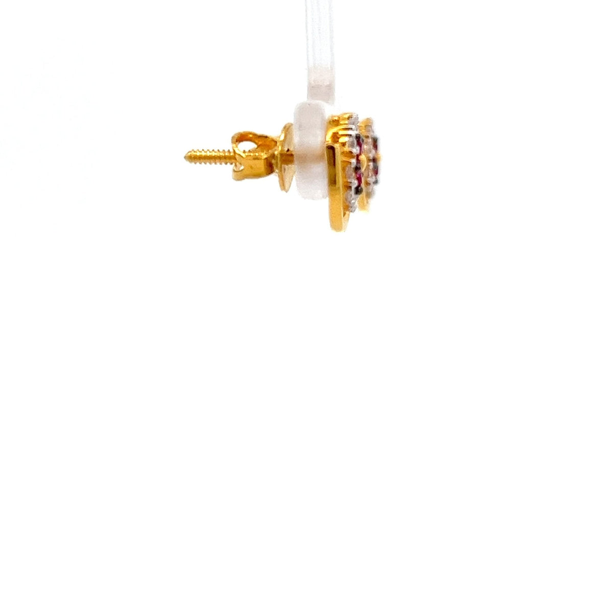 22ct Gold Floral Cluster Stud Earrings with Clear and Red Stones - FJewellery
