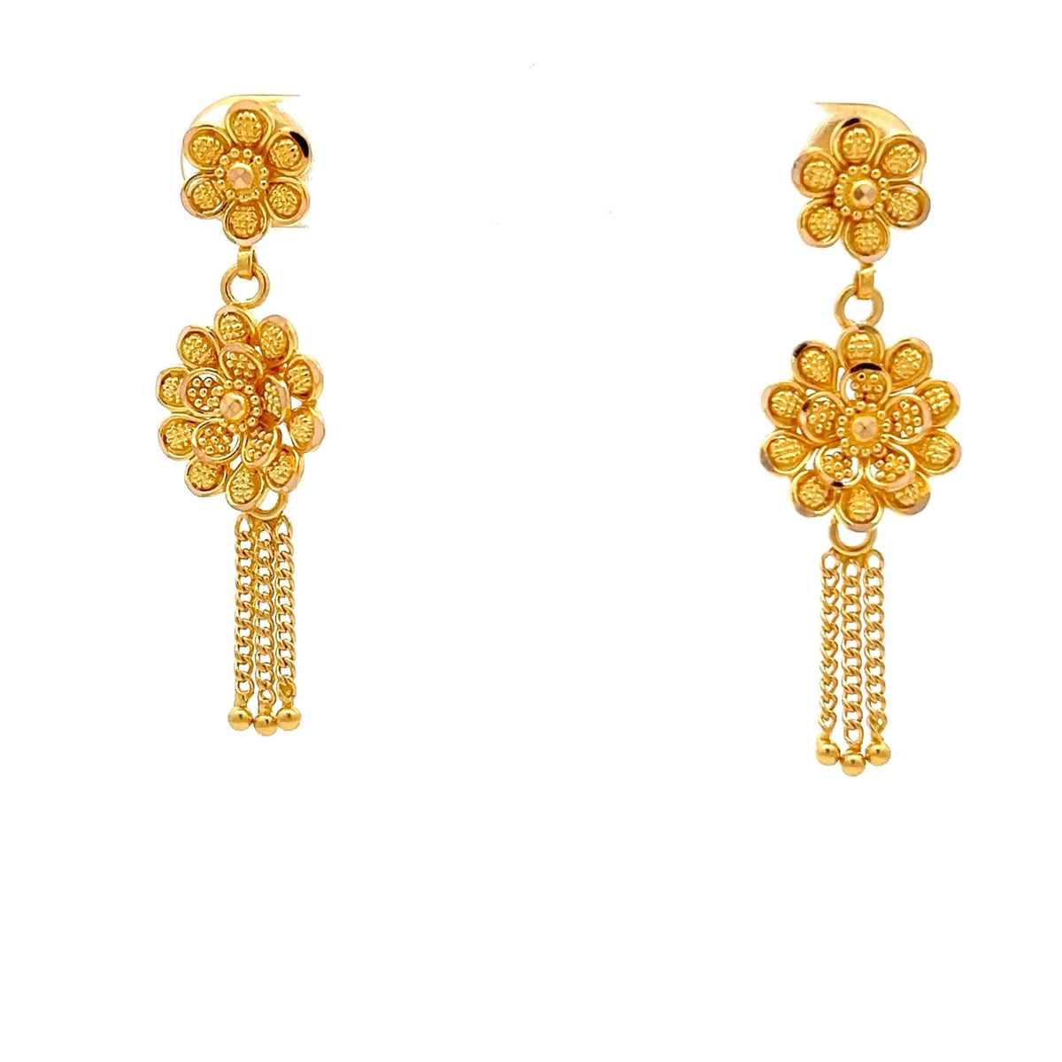 22ct Gold Floral Drop Earrings with Chain Tassels - FJewellery