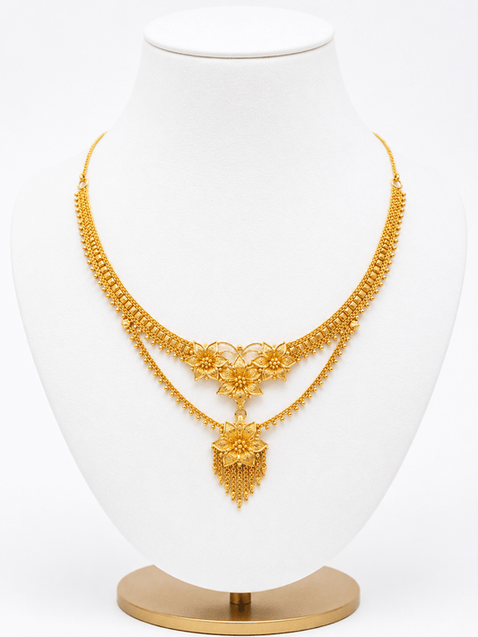 22ct Gold Floral Multi-Strand Necklace with Fringe Pendant - FJewellery