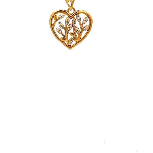 22ct Gold Heart Pendant with Clear Stone Leaf Design - FJewellery