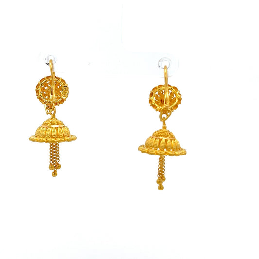 22ct Gold Jhumka Drop Earrings with Chain Tassel Detail - FJewellery
