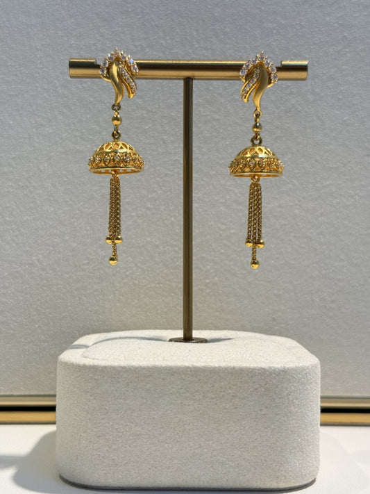 22ct Gold Jhumka Drop Earrings with Clear Stone Detail - FJewellery
