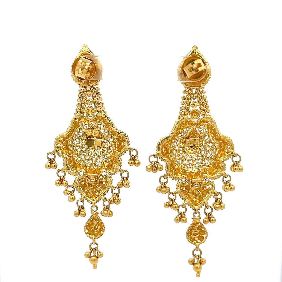 22ct Gold Ornate Filigree Drop Earrings with Beaded Fringe - FJewellery
