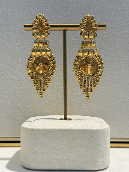 22ct Gold Ornate Teardrop Earrings with Fan Detail and Tassels - FJewellery