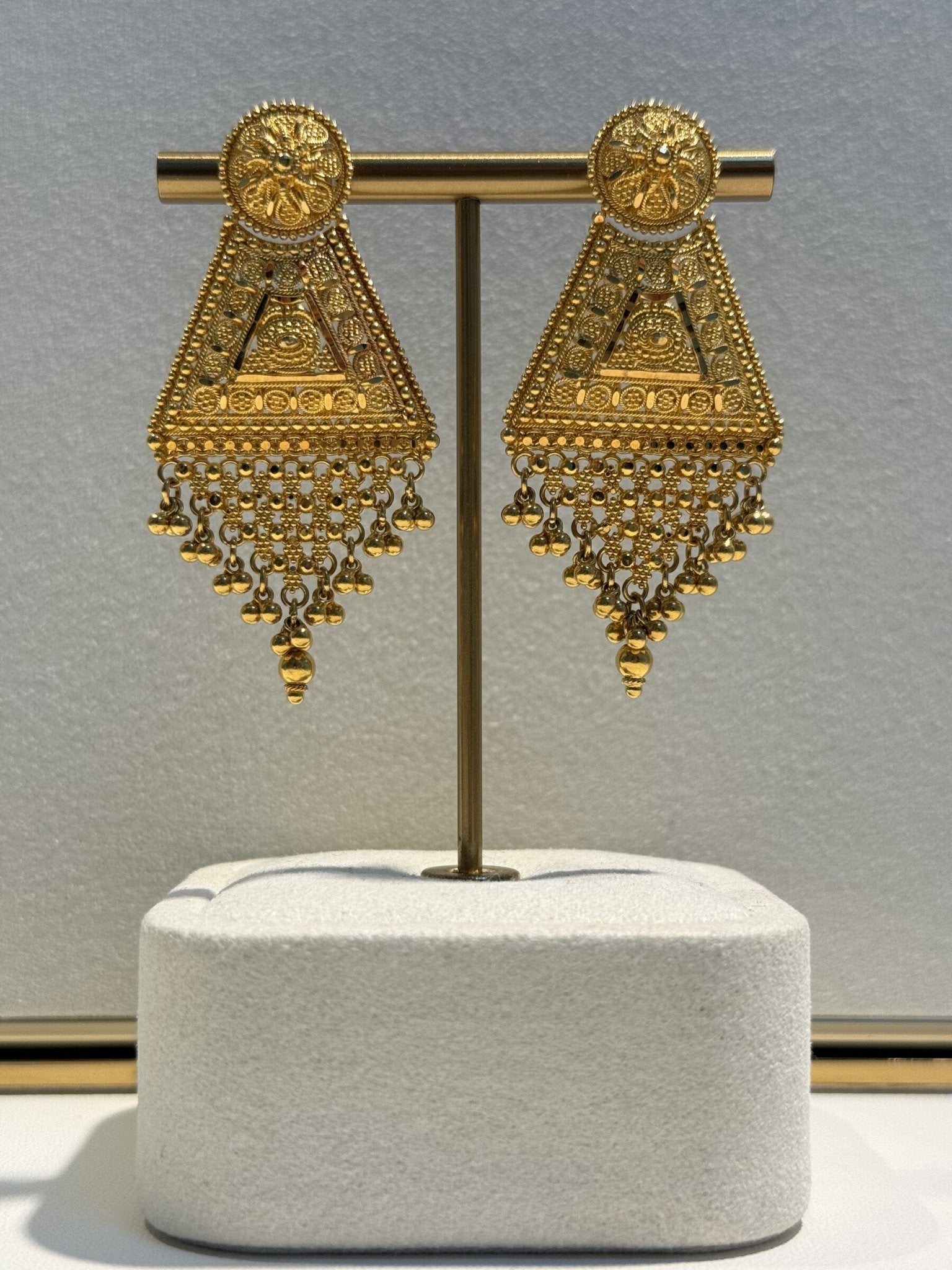 22ct Gold Ornate Triangle Filigree Drop Earrings - FJewellery