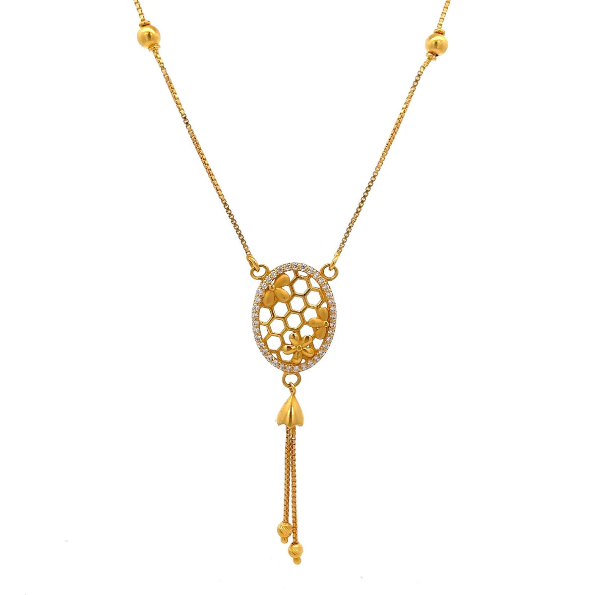 22ct Gold Oval Honeycomb Floral Drop Necklace - FJewellery