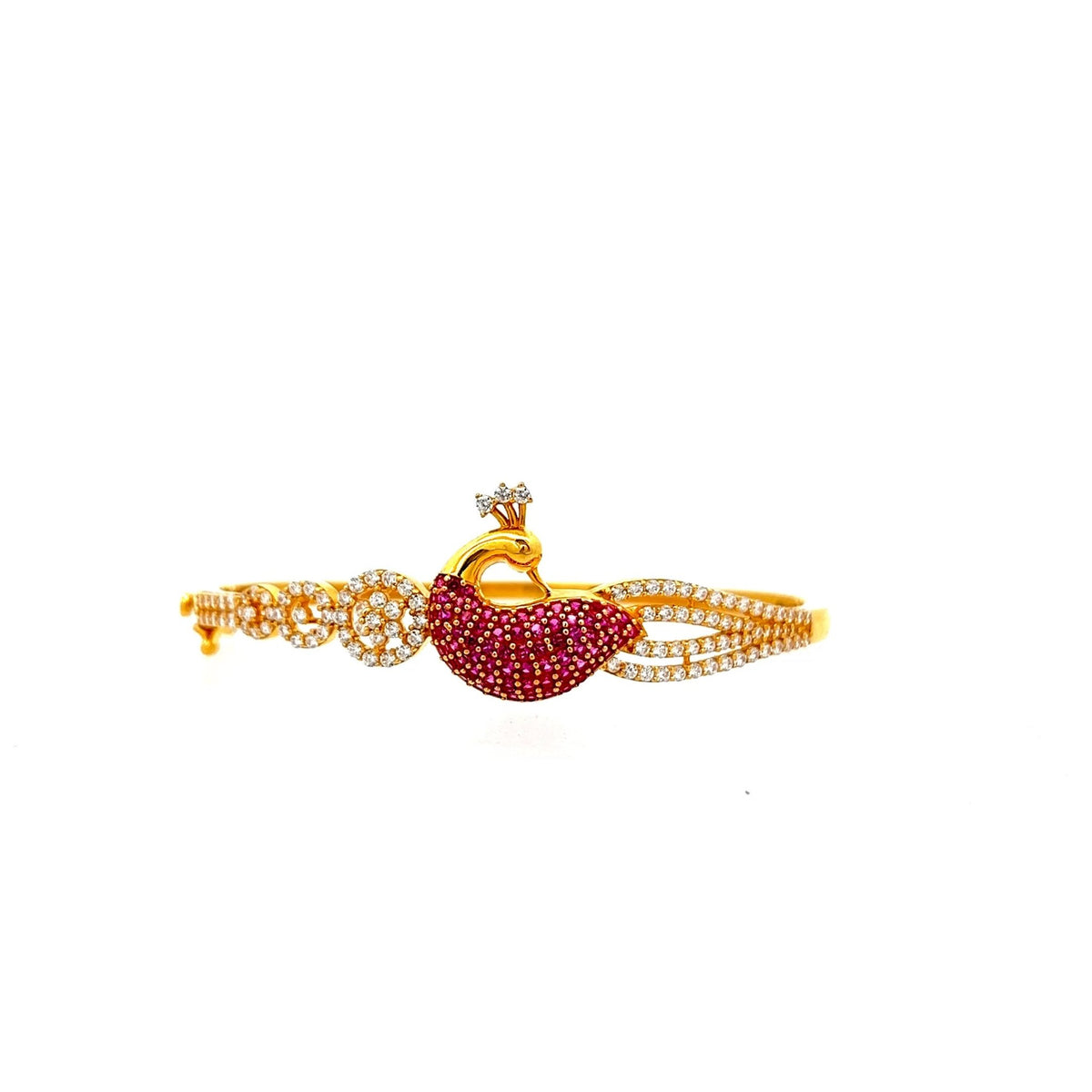 22ct Gold Peacock Bangle with Clear and Red Coloured Stones - FJewellery
