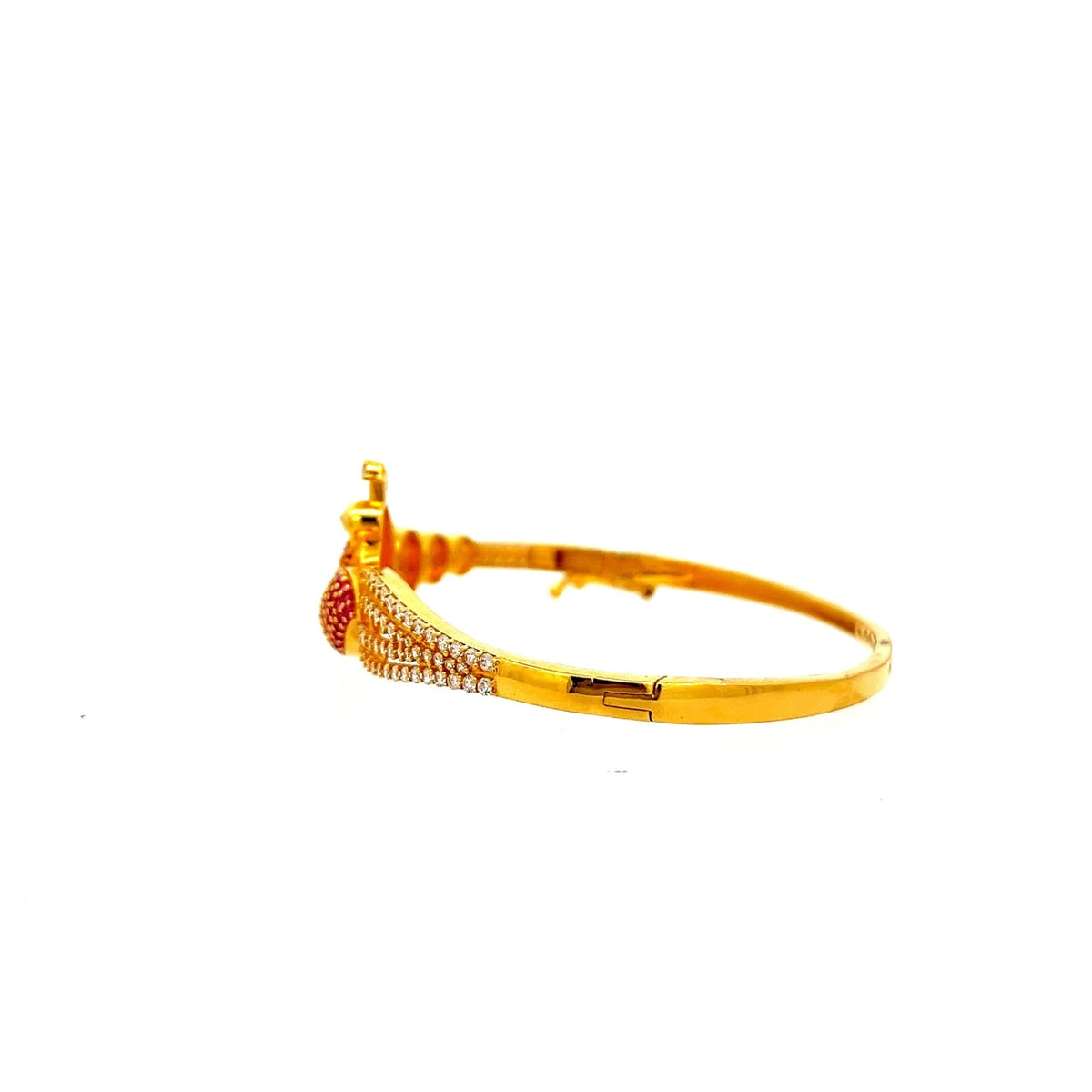 22ct Gold Peacock Bangle with Clear and Red Coloured Stones - FJewellery