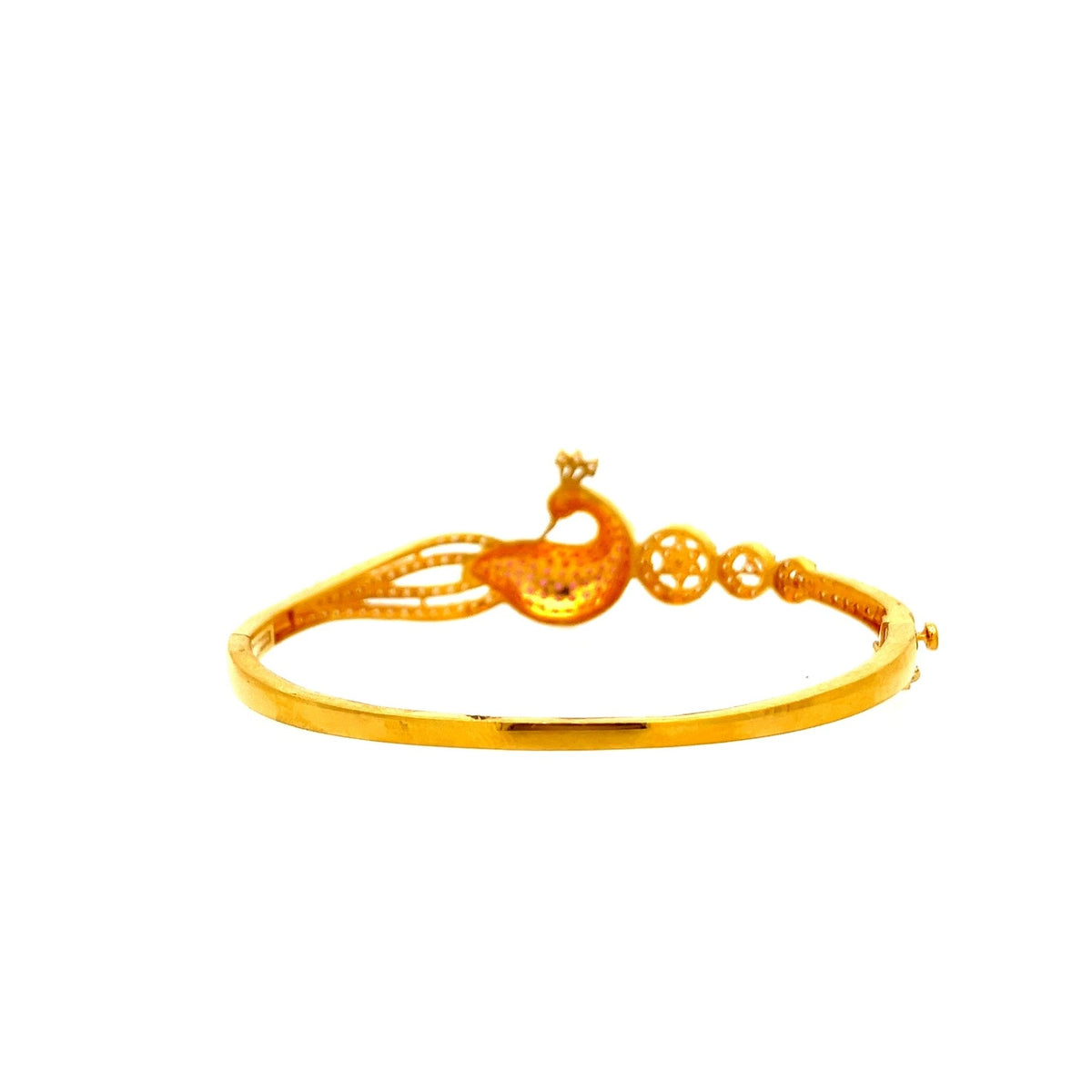 22ct Gold Peacock Bangle with Clear and Red Coloured Stones - FJewellery