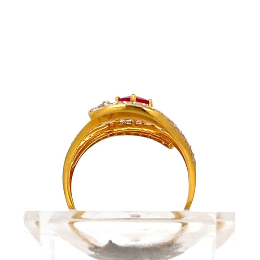 22ct Gold Red Central Stone Ring with Clear Stone Shoulders - FJewellery