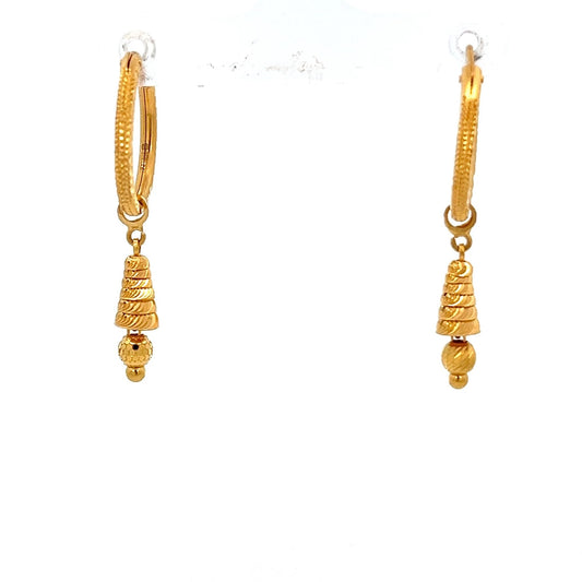 22ct Gold Textured Hoop Drop Earrings with Ribbed Pendant - FJewellery