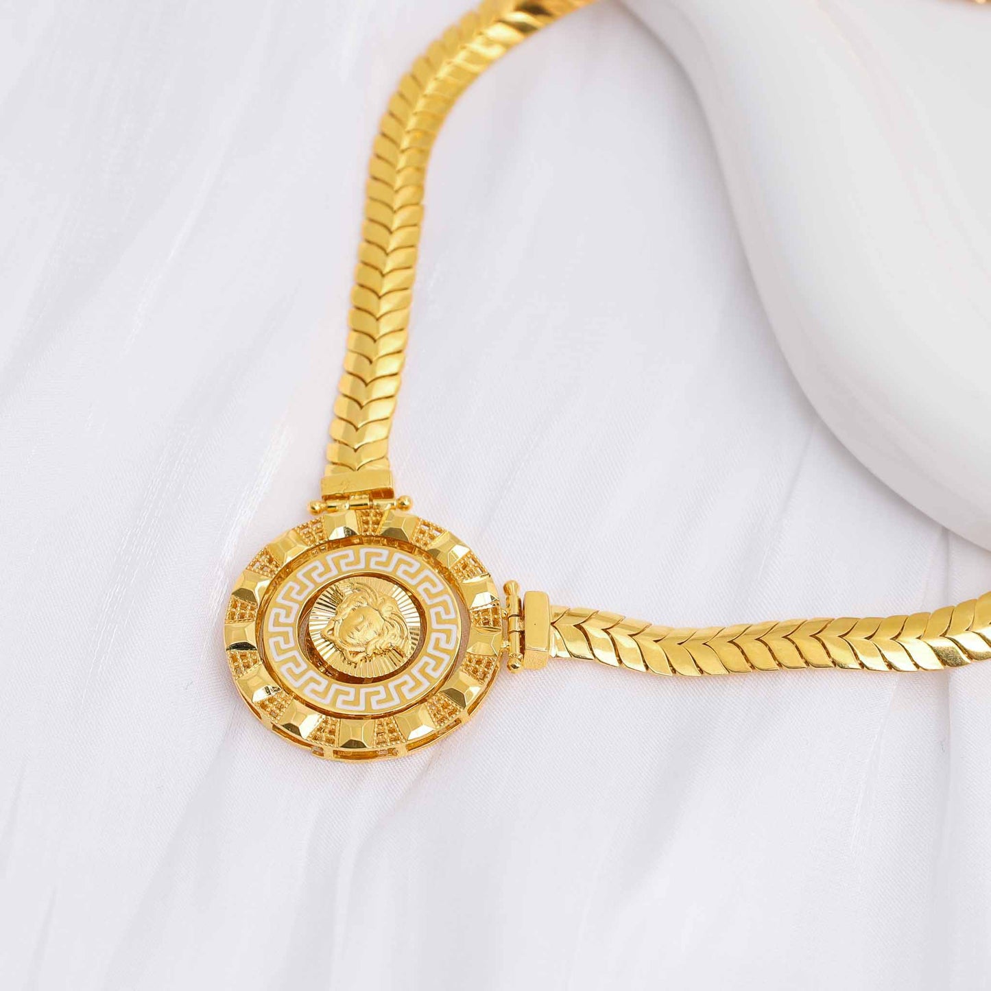 22ct Yellow Gold Greek Key Medusa Head Necklace - FJewellery