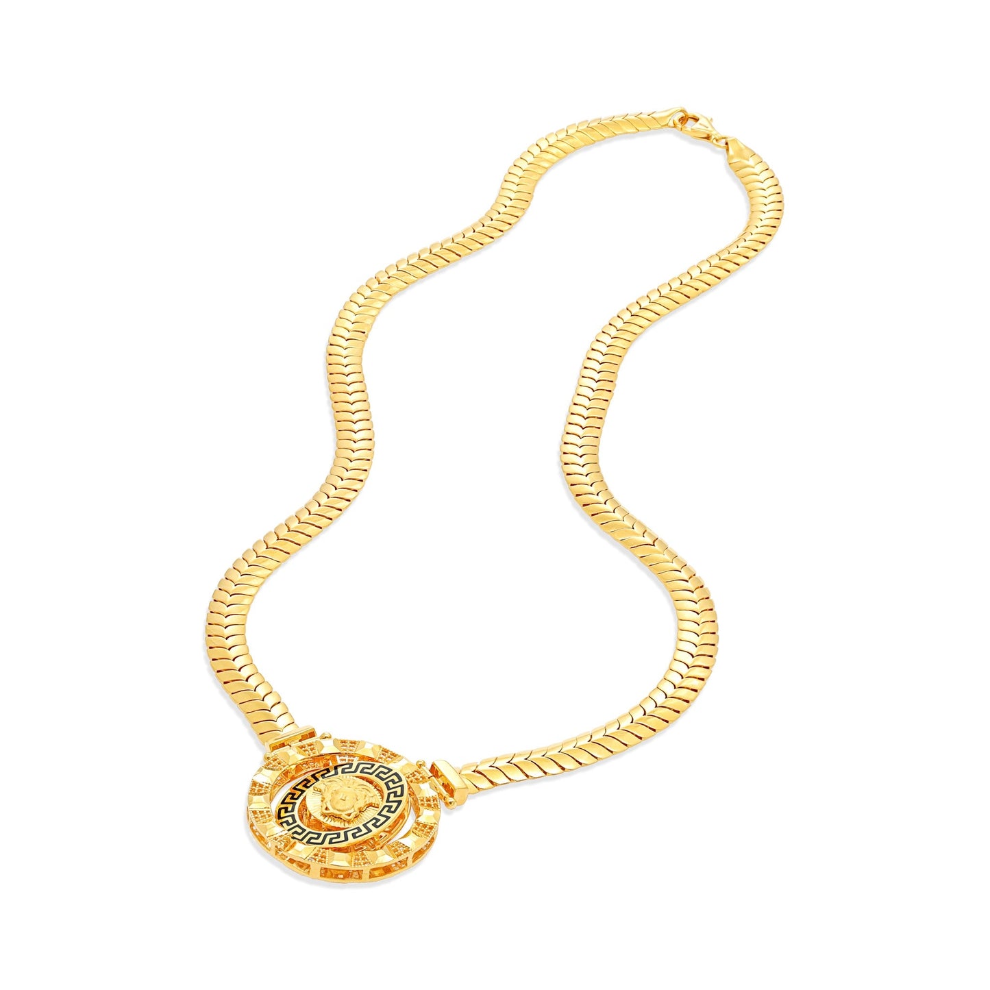 22ct Yellow Gold Greek Key Medusa Head Necklace - FJewellery
