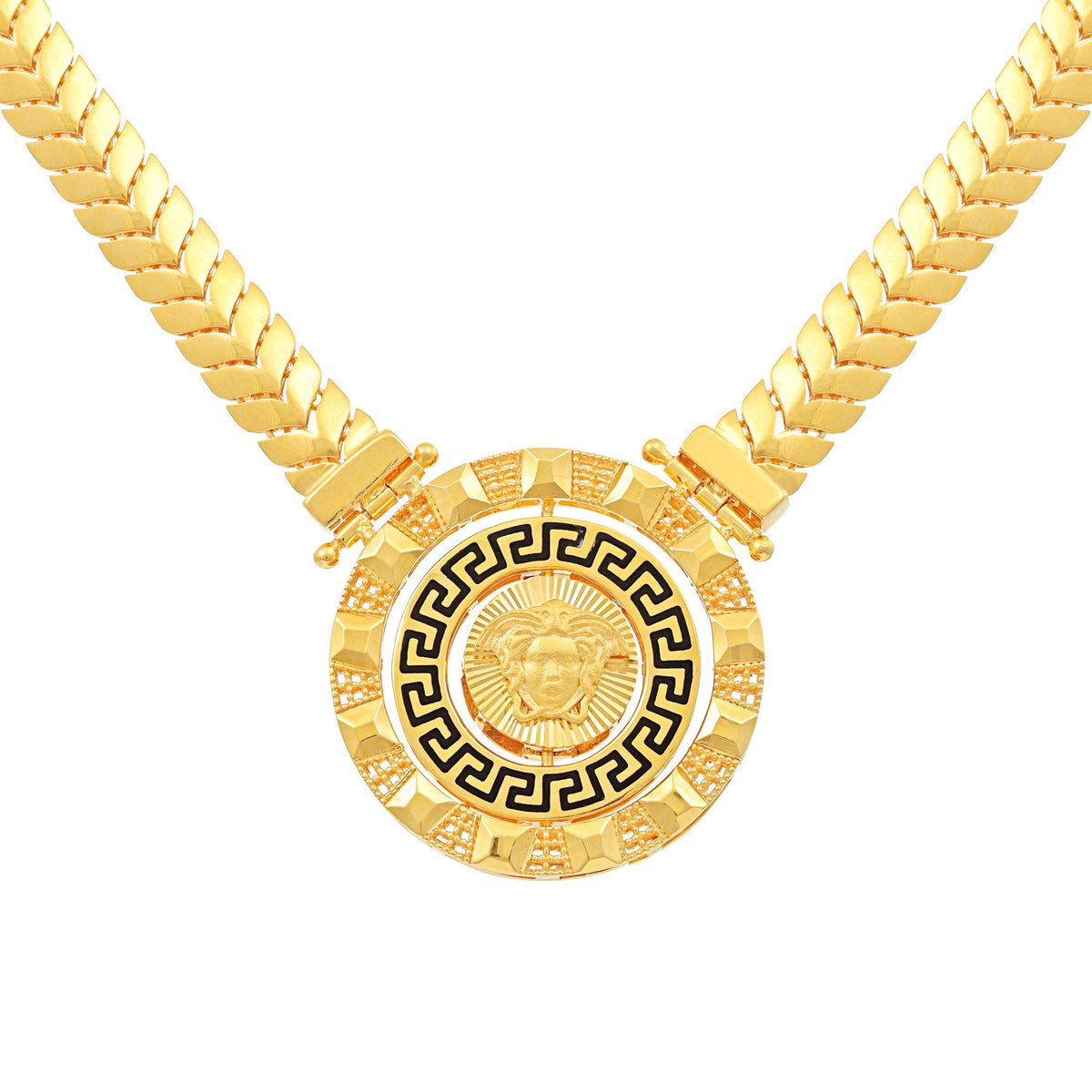 22ct Yellow Gold Greek Key Medusa Head Necklace - FJewellery