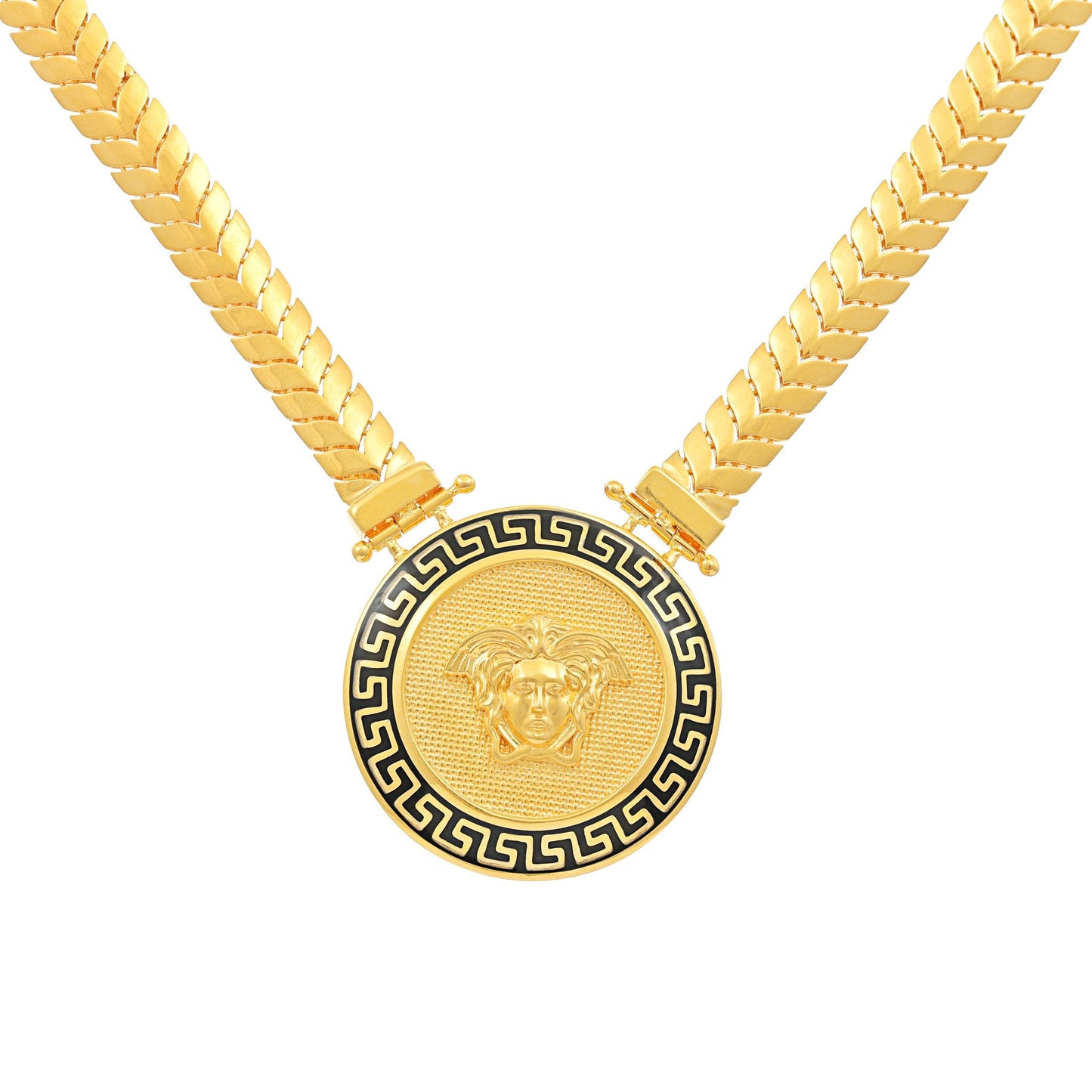 22ct Yellow Gold Medusa Head Herringbone Necklace - FJewellery