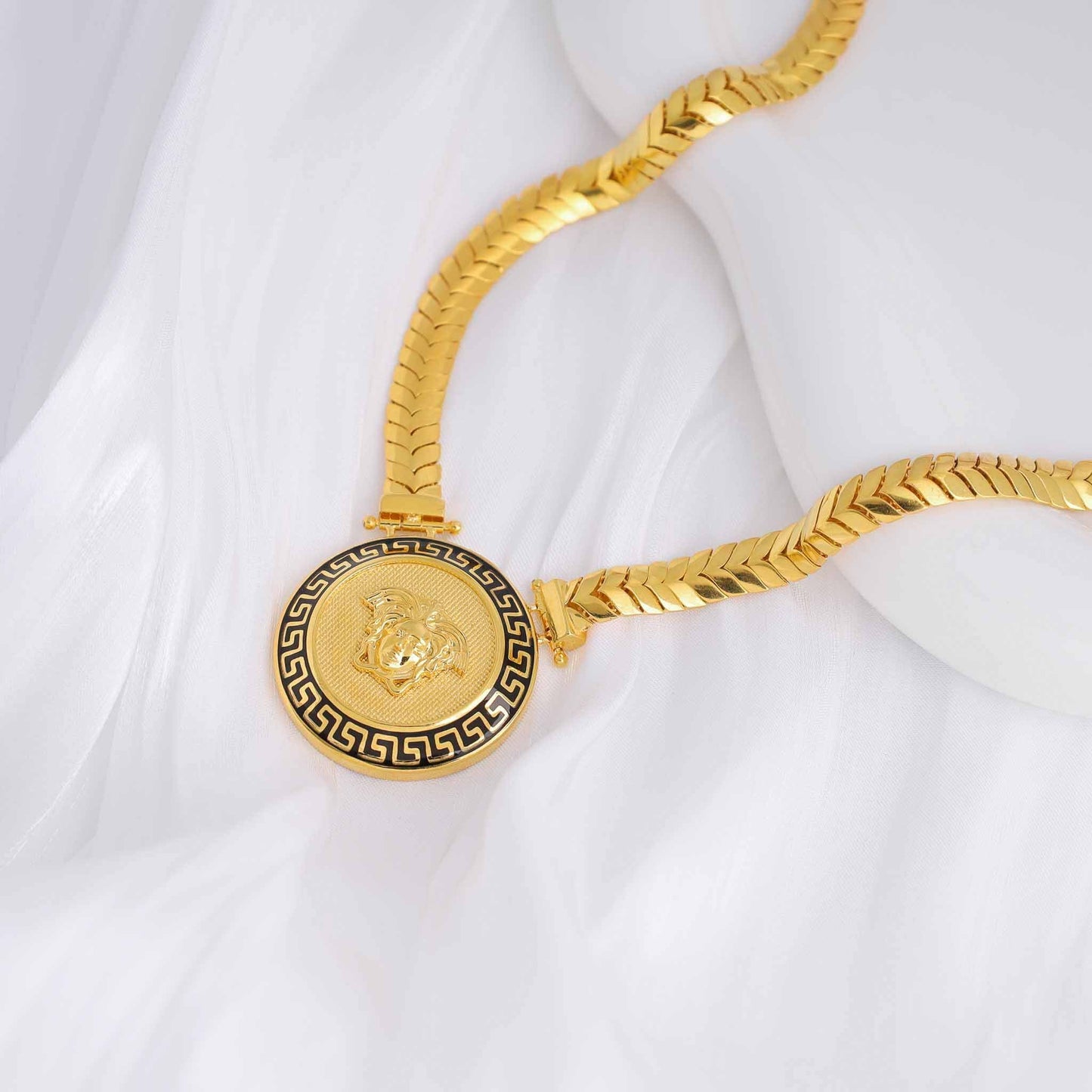 22ct Yellow Gold Medusa Head Herringbone Necklace BF1224-NK3 - FJewellery