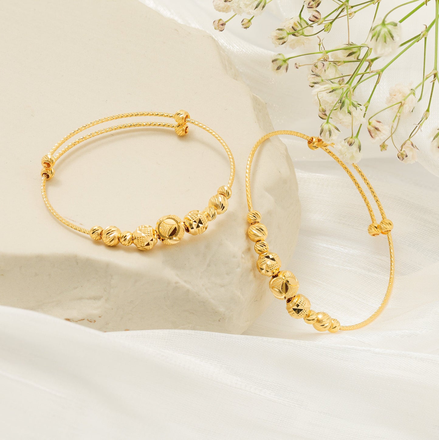 22ct Yellow Gold Unique Bead Detail Baby Bangle Set BF1224-BN6 - FJewellery