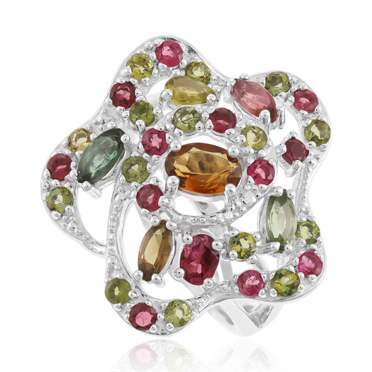 925 Sterling Silverr Rhodium Plated Multi-tourmaline Flower Ring