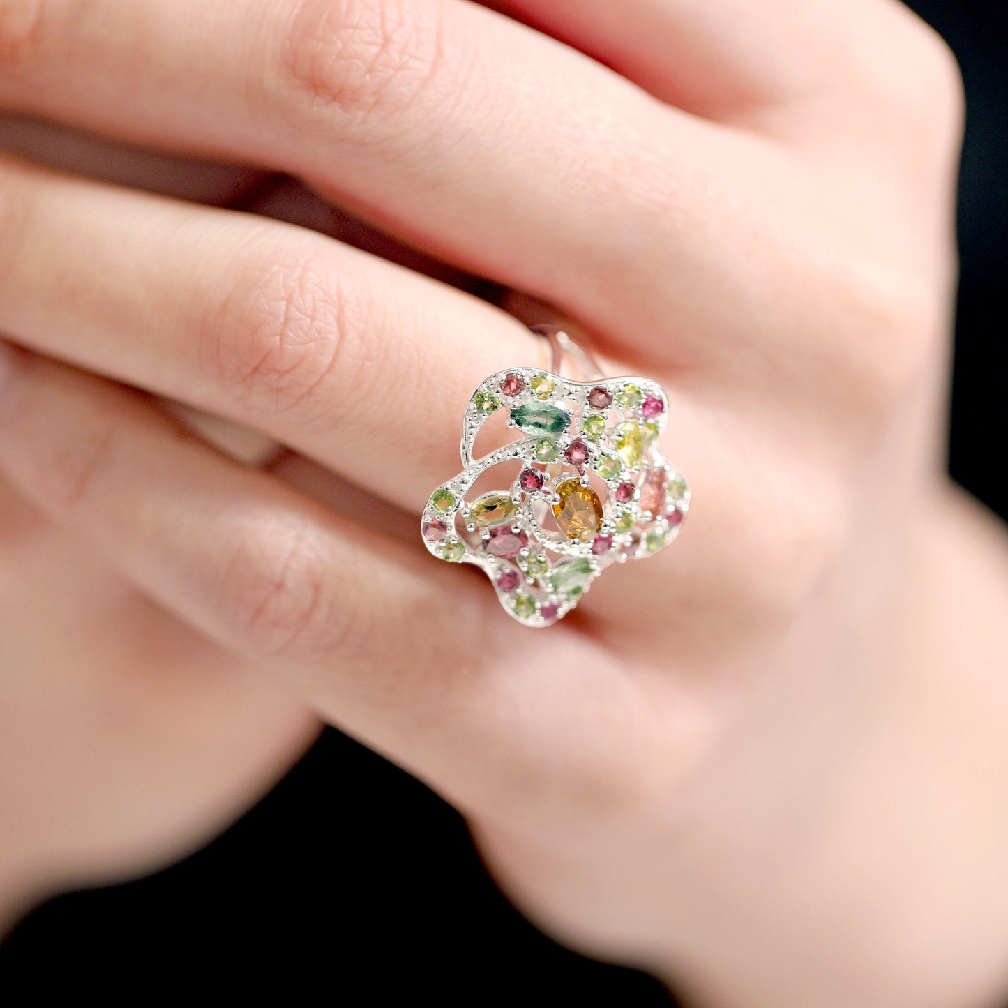 925 Sterling Silverr Rhodium Plated Multi-tourmaline Flower Ring