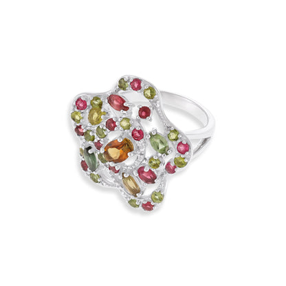 925 Sterling Silverr Rhodium Plated Multi-tourmaline Flower Ring
