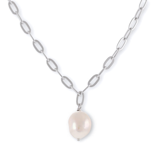 925 Silver Rhodium Plated Pearl Necklace SNK3002 - FJewellery