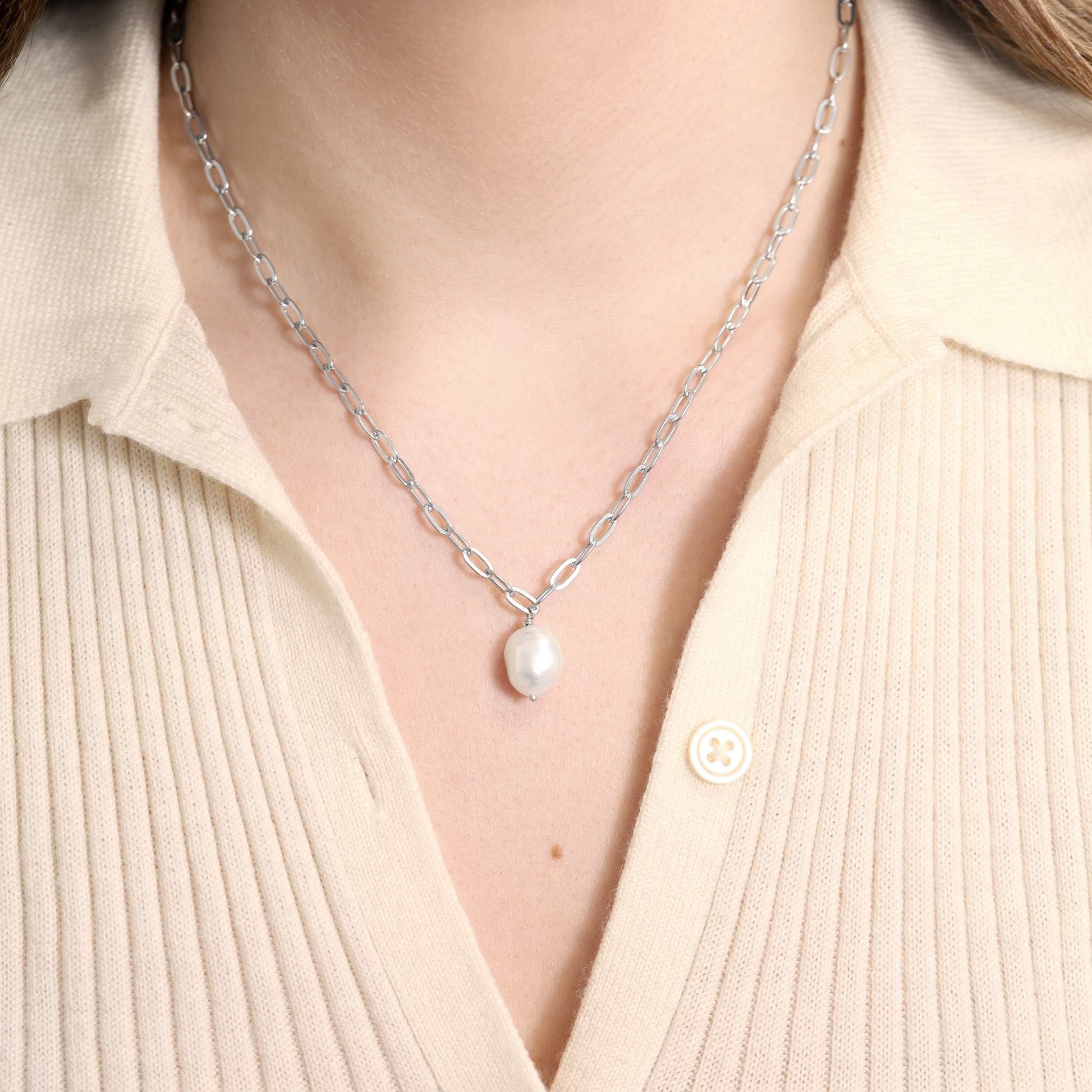 925 Silver Rhodium Plated Pearl Necklace SNK3002 - FJewellery