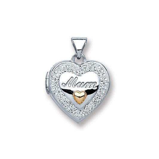 925 Sterling Silver Heart Mum with Crystals Locket - FJewellery