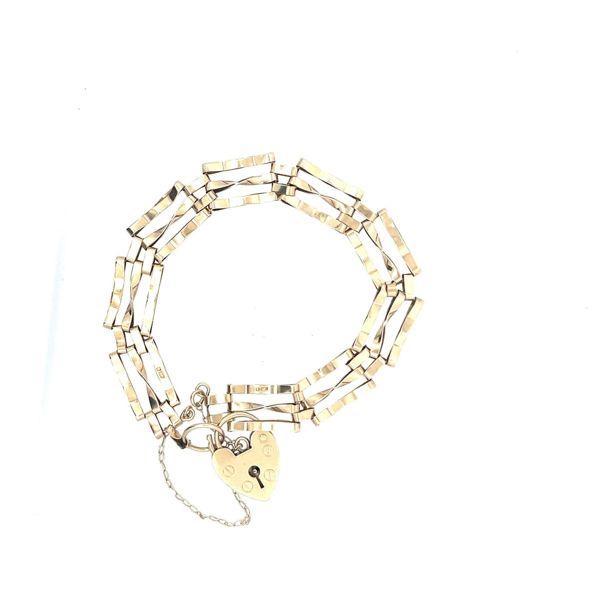 9ct Gold Multi-Strand Rectangular Link Bracelet with Heart Padlock - FJewellery