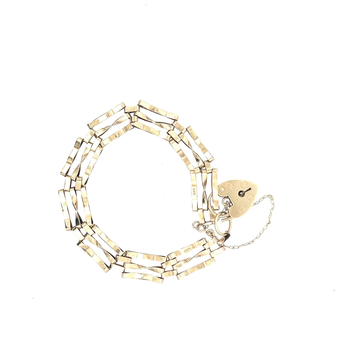 9ct Gold Multi-Strand Rectangular Link Bracelet with Heart Padlock - FJewellery
