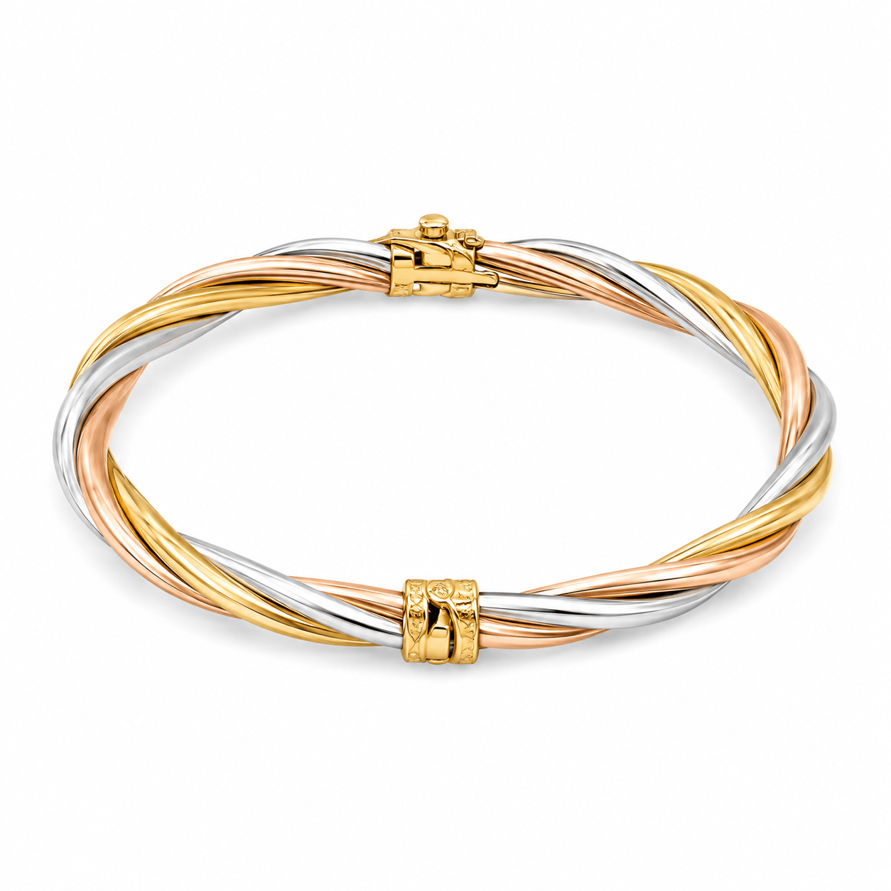 9ct Gold Tri-Colour Twisted Bangle Bracelet - FJewellery