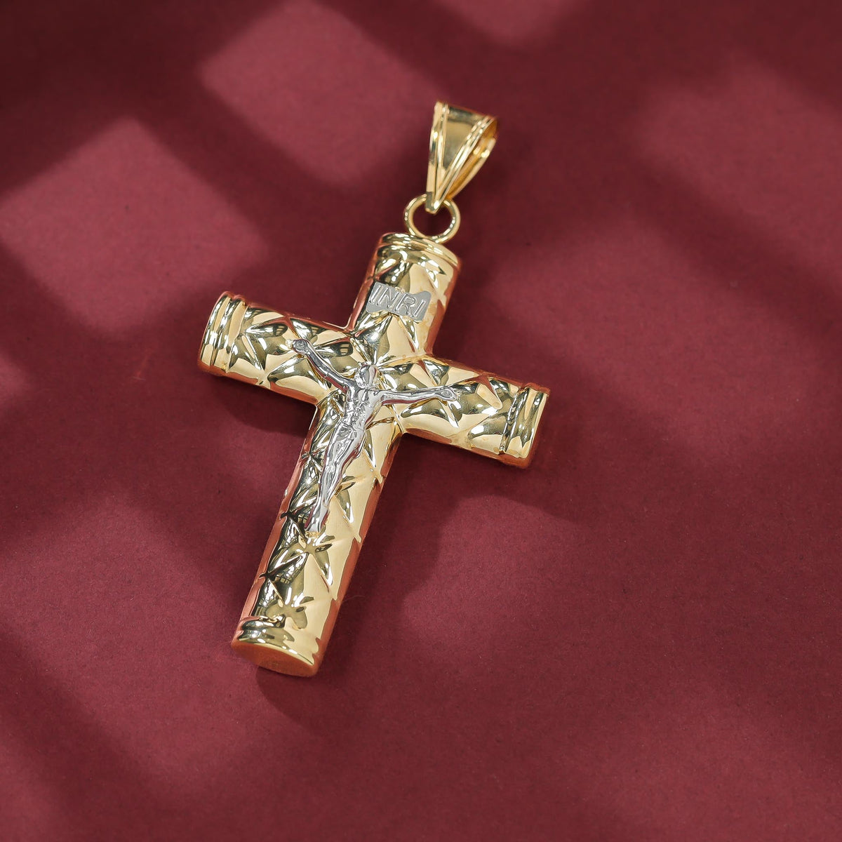 9ct Gold Two Tone Hollow Crucifix Cross Pendant - FJewellery