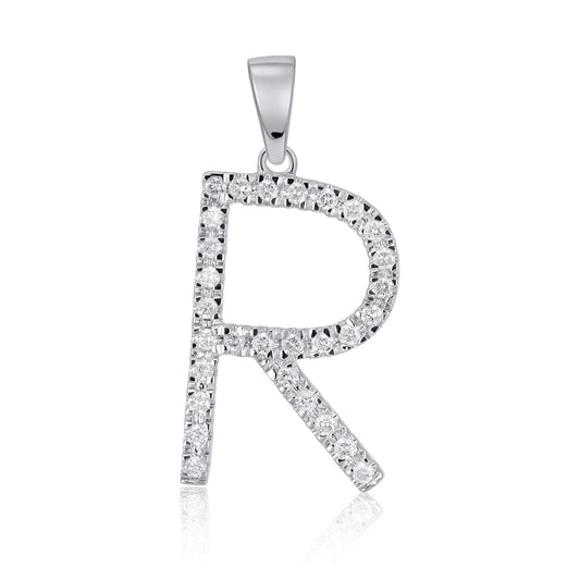 9ct Solid White Gold 0.24ct Diamond R Initial Pendant 110462 - FJewellery