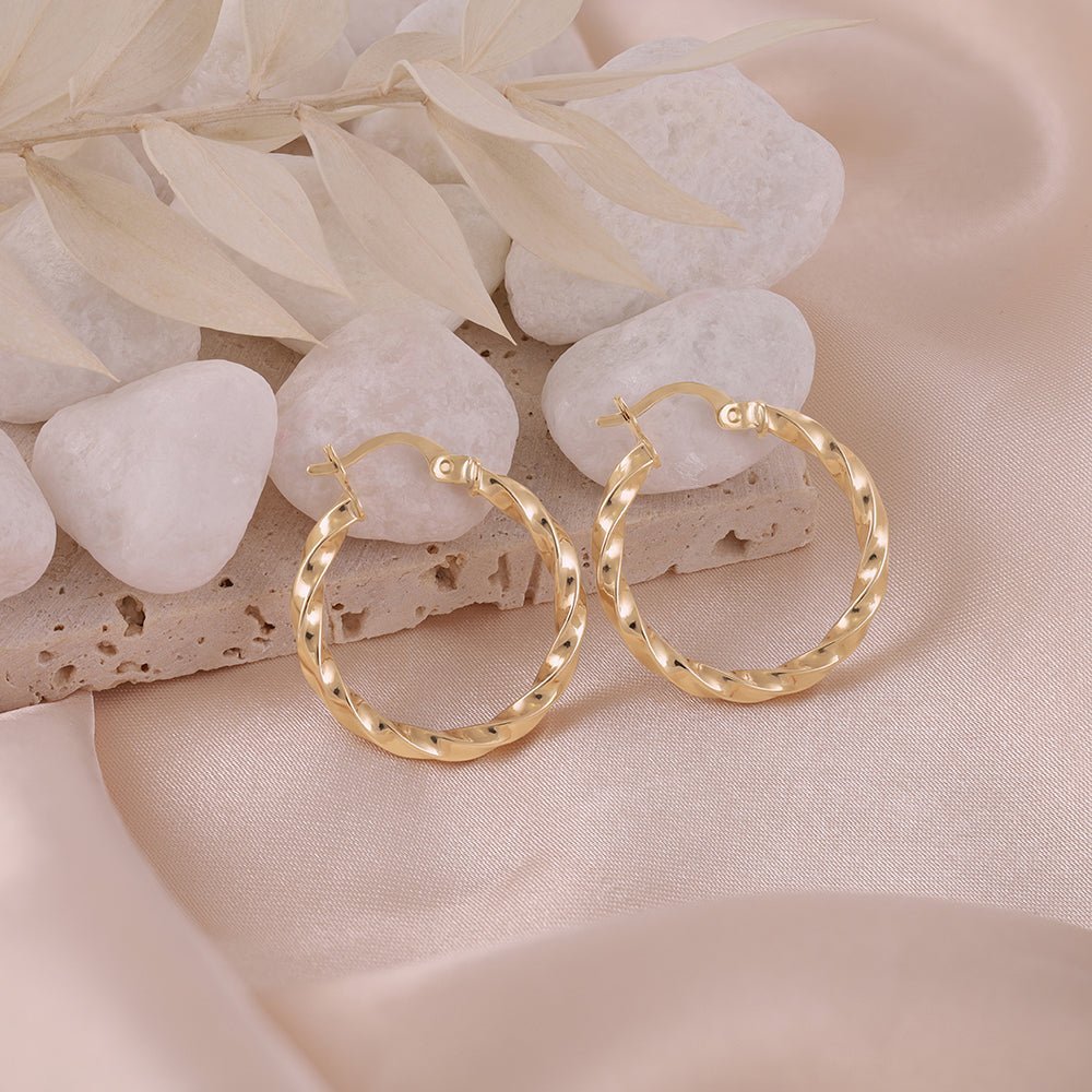9ct Solid Yellow Gold Twisted Hoop Earrings ERV0305S - FJewellery