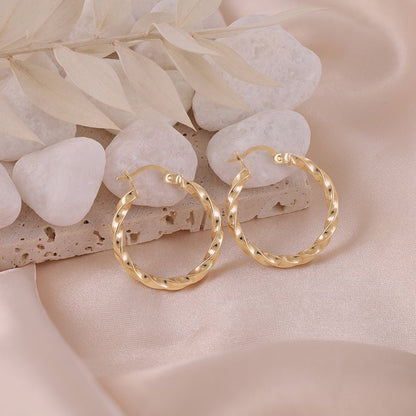 9ct Solid Yellow Gold Twisted Hoop Earrings ERV0305S - FJewellery
