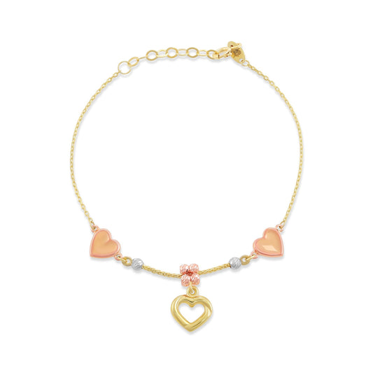 9ct Tri Colour Gold Heart Charm Bracelet BR9023 - FJewellery