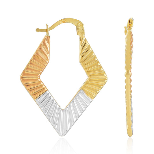 9ct Tri Colour Rhombus Shape Hoop Earrings - FJewellery