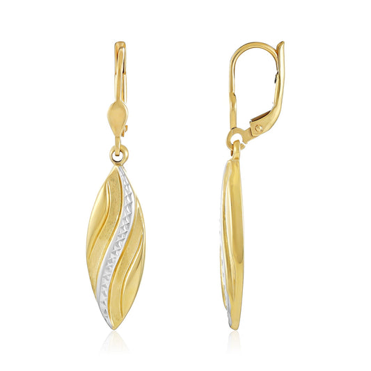 9ct Two Tone Gold Leaf Diamon Cut Drop Earrings - FJewellery