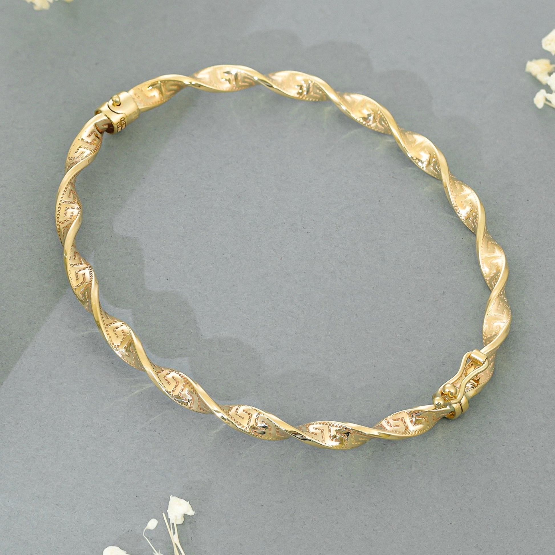 9ct Yellow Gold Greek Key Detail Twisted Bangle - FJewellery