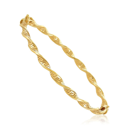 9ct Yellow Gold Greek Key Detail Twisted Bangle - FJewellery