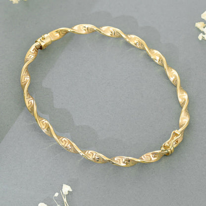 9ct Yellow Gold Greek Key Detail Twisted Bangle - FJewellery