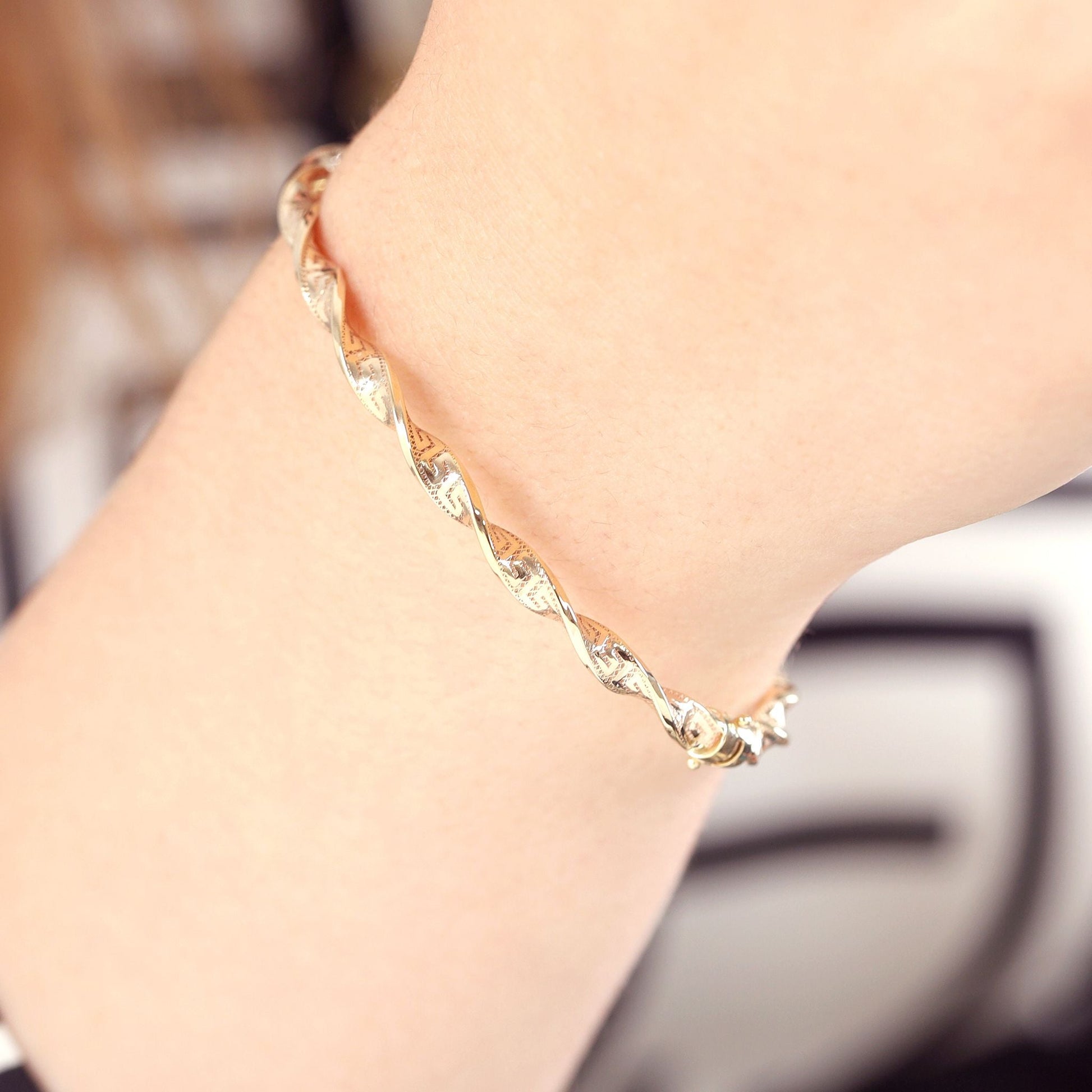 9ct Yellow Gold Greek Key Detail Twisted Bangle - FJewellery