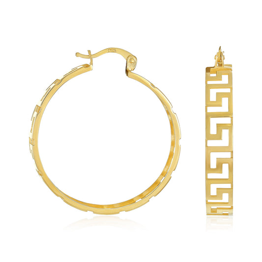 9ct Yellow Gold Greek Key Hoop Earrings - FJewellery