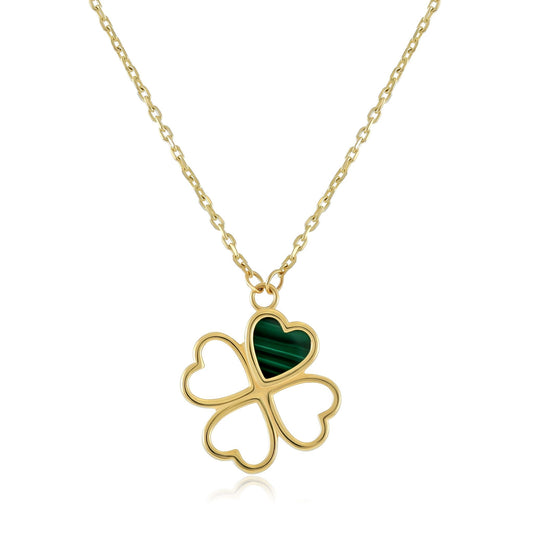 9ct Yellow Gold Green Gemstone Clover Pendant Necklace - FJewellery