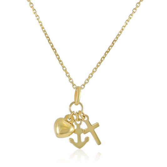9ct Yellow Gold Heart Cross Anchor Pendant Necklace - FJewellery