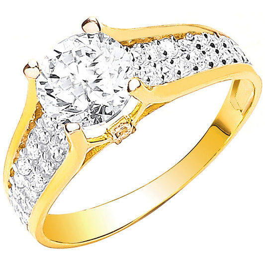 9ct Yellow Gold Ladies Single Stone Two Row Cz Shoulder Ring - FJewellery