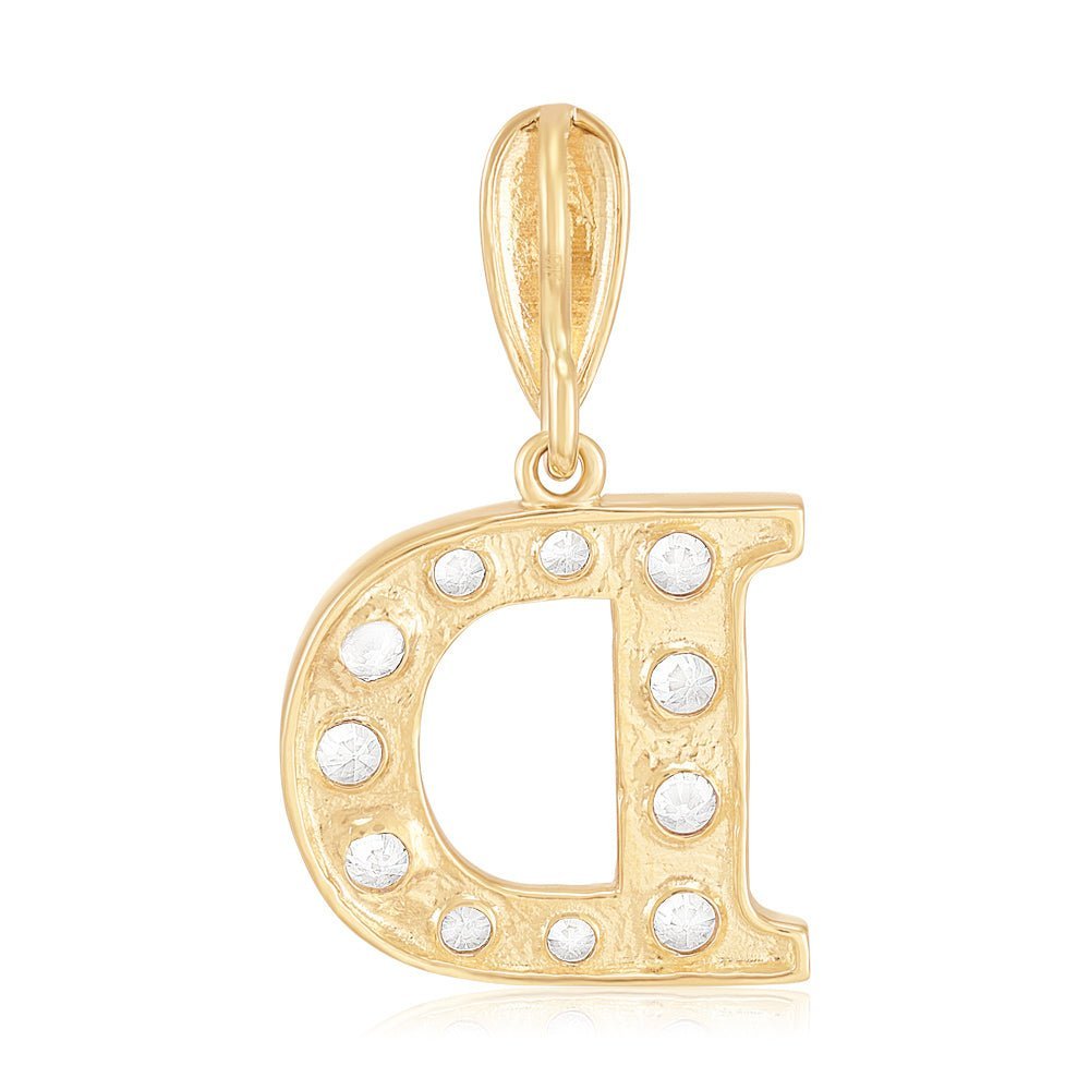 9ct Yellow Gold Large Cubic zirconia Initial Pendant D - FJewellery